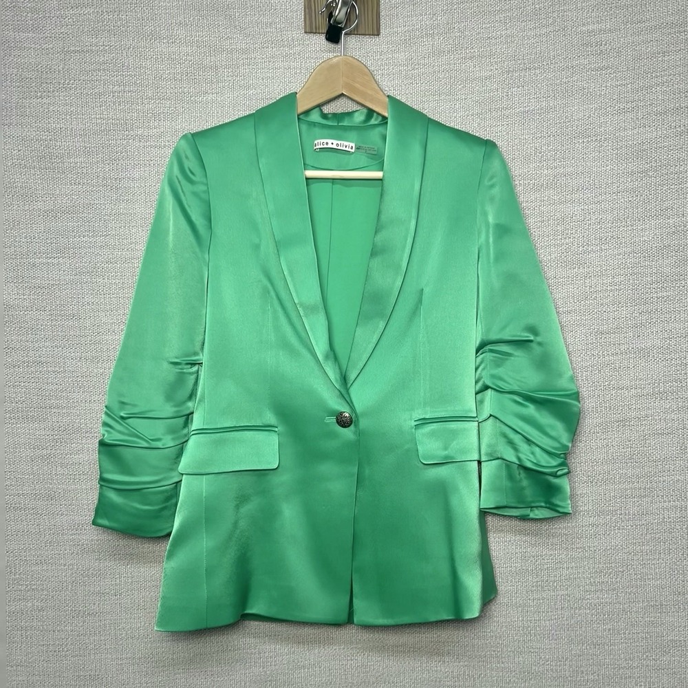 ALICE OLIVIA Sebastian Blazer Sz 0 Shawl Scrunch Ruched Sleeve Jade Green Satin